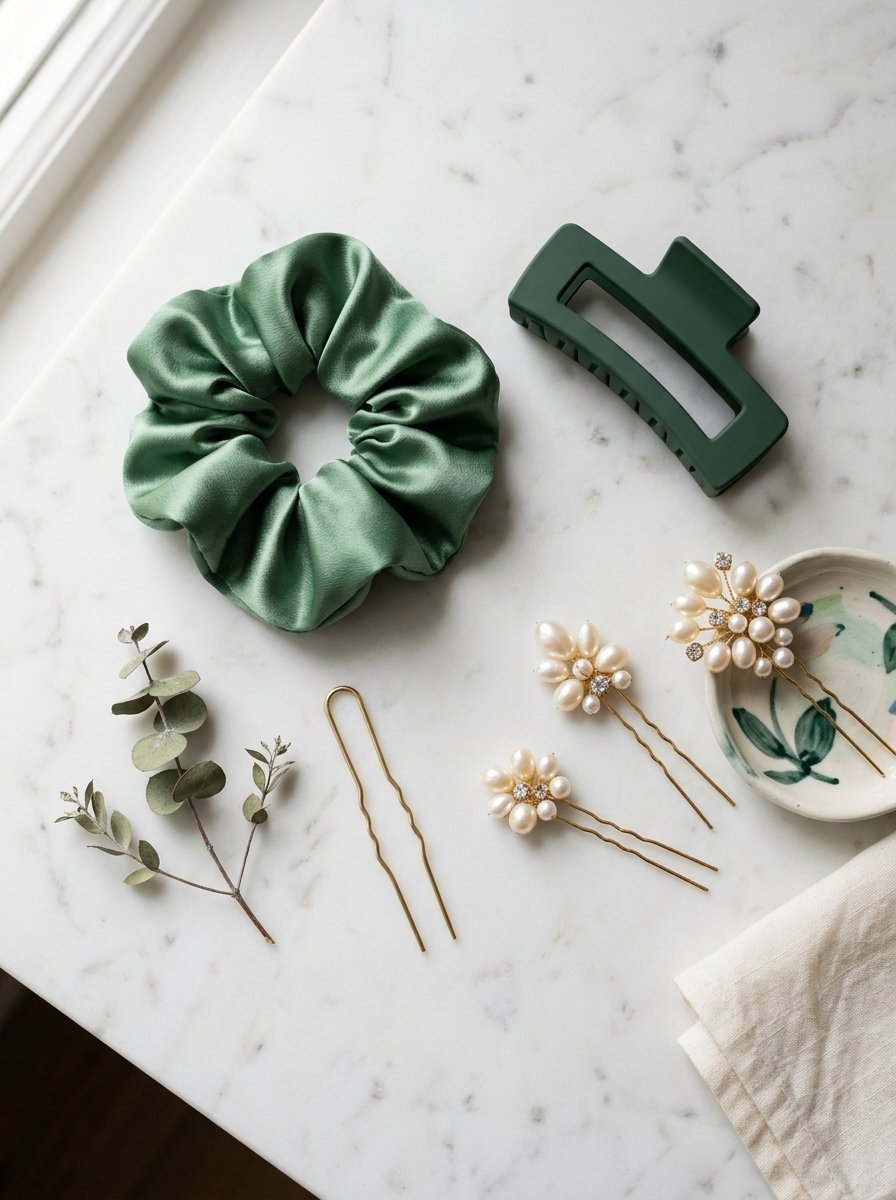 Silk scrunchie, matte green clip, and pearl floral hair pins arranged on marble surface.