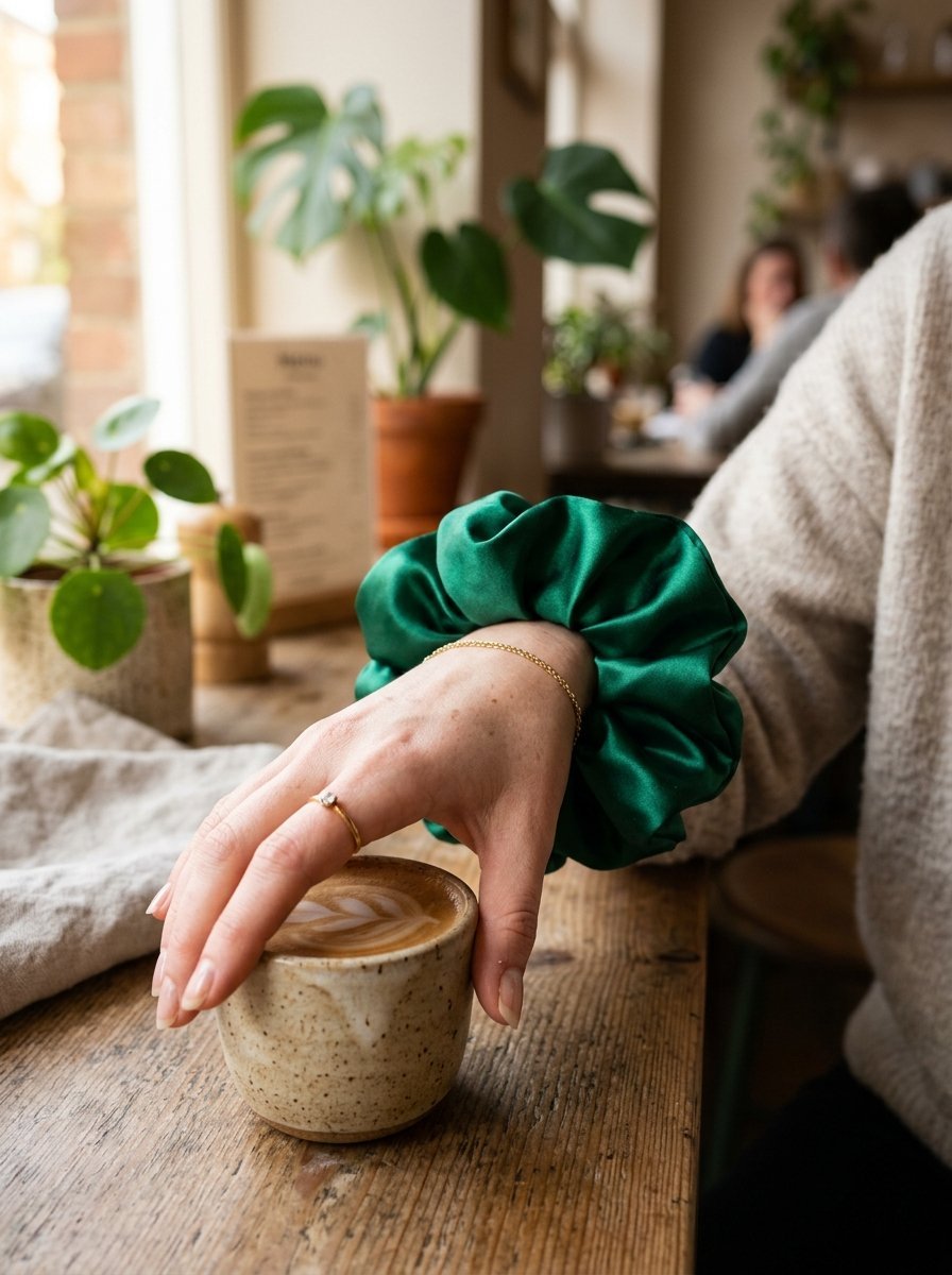 Close up of a hand with a shiny emerald silk hair accessory holding a small speckled ceramic coffee cup.