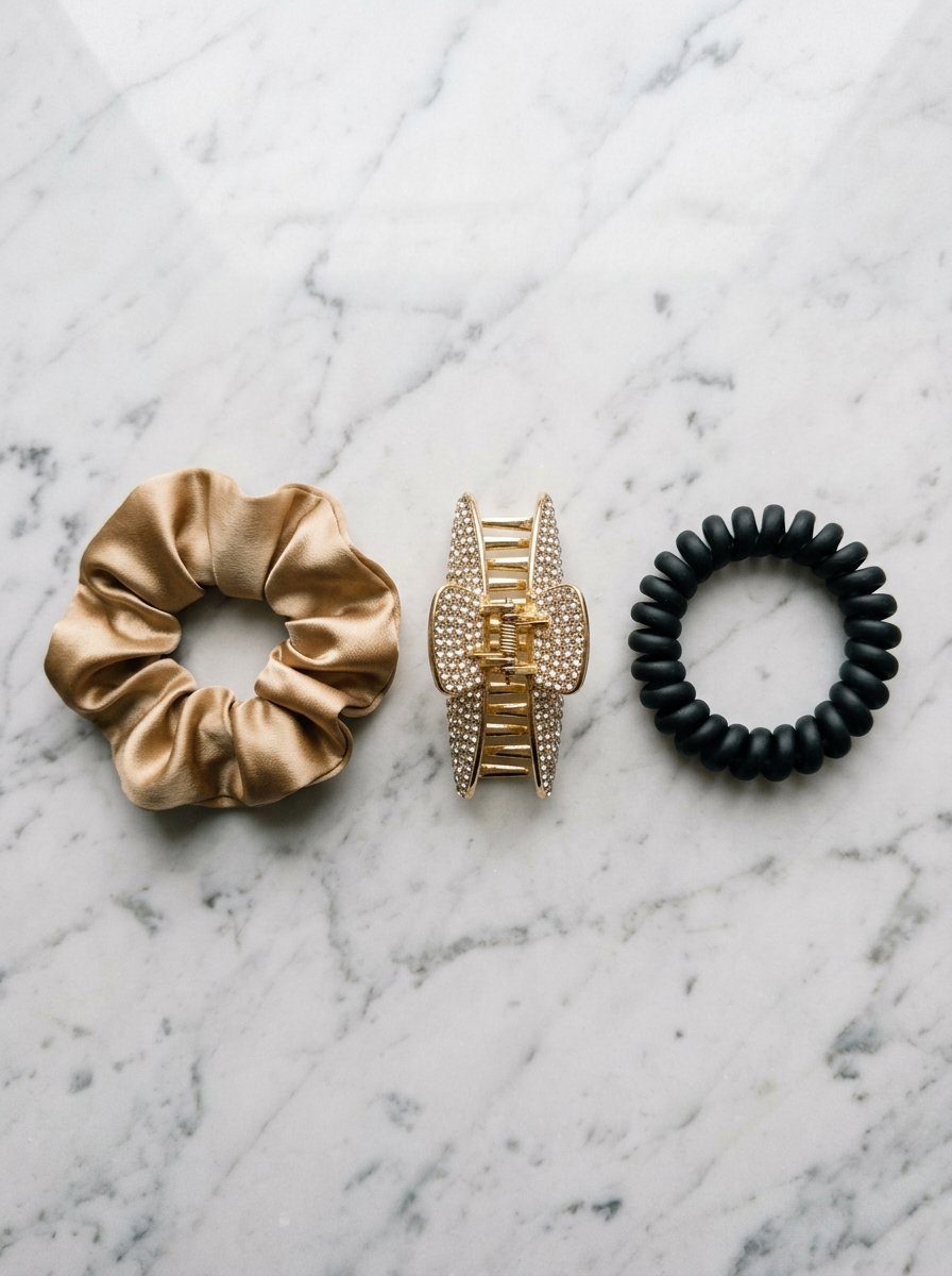 Top-down view of a silk scrunchie, rhinestone hair claw, and black coil hair tie on a white marble surface.