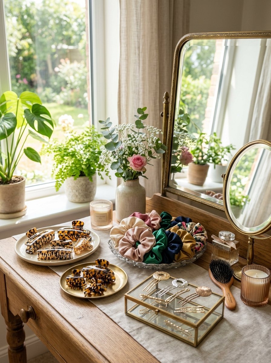 A wooden vanity table featuring leopard print hair clips, colorful silk scrunchies, and decorative hair combs.