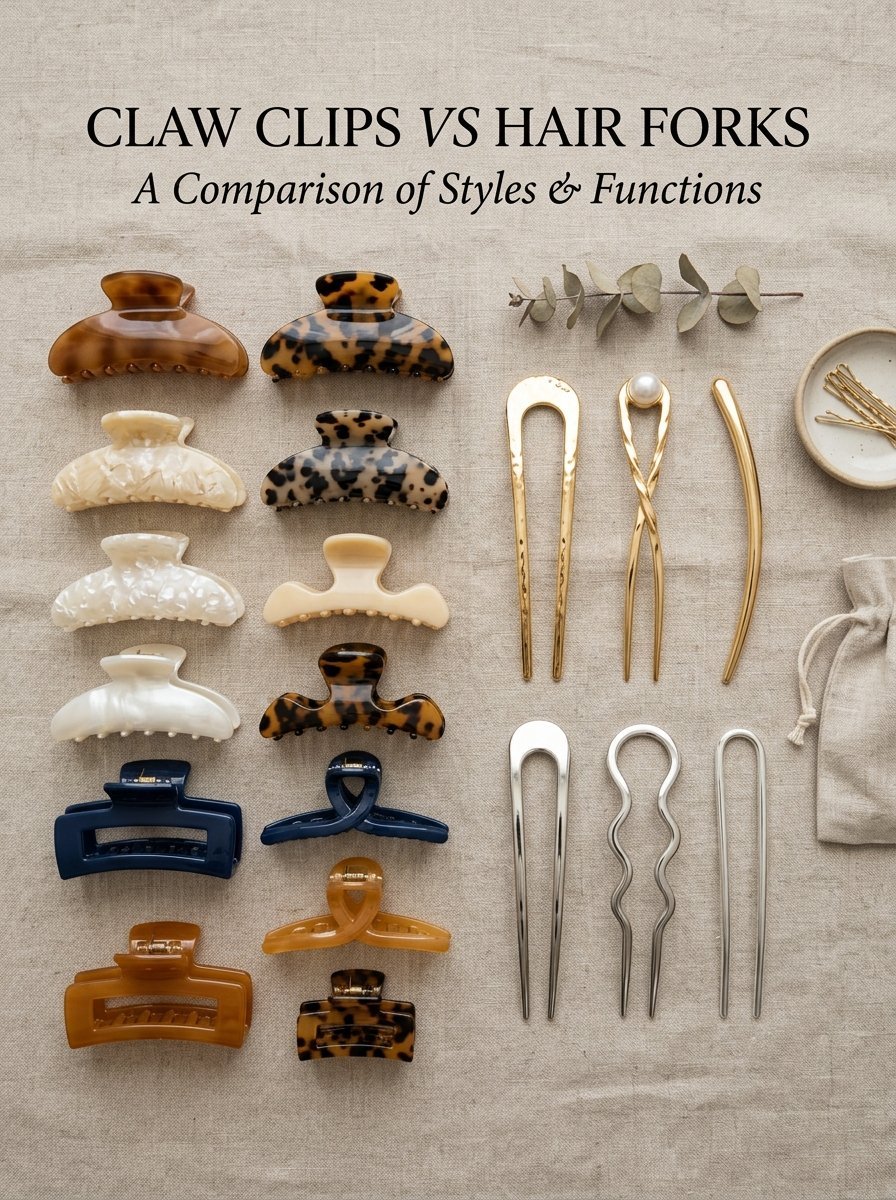 An assortment of colorful acrylic claw clips, gold and silver hair forks, and bobby pins arranged on a linen fabric.