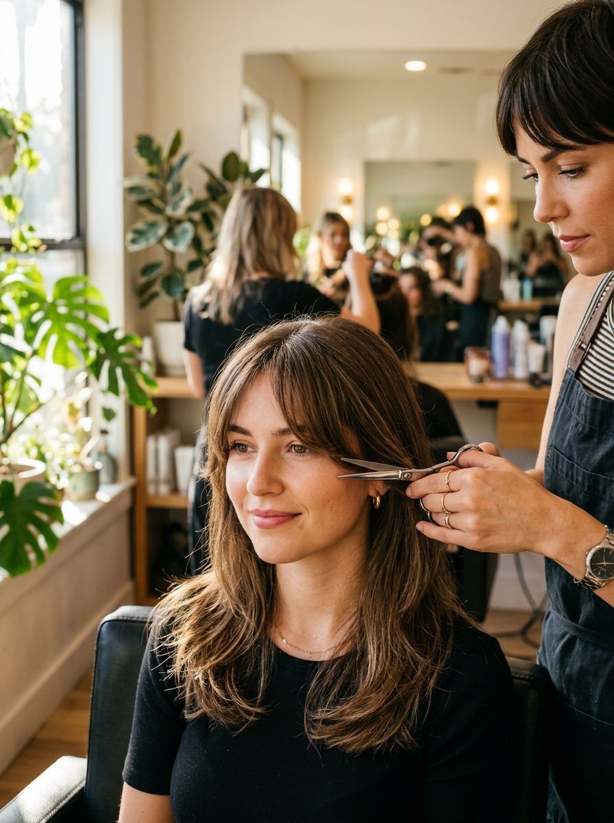 Close up of a hairdresser cutting the face framing layers of a customer's brown hair in a bright salon.