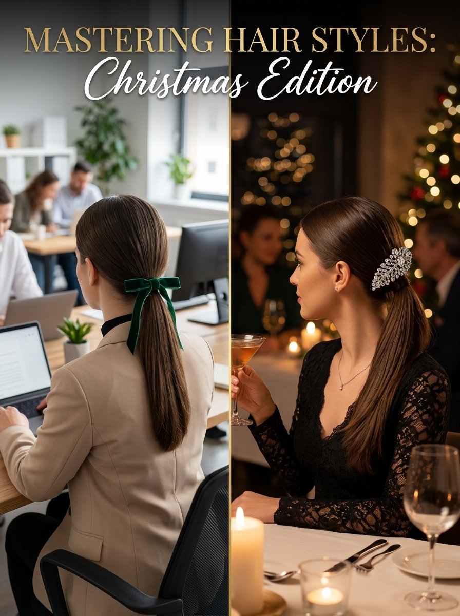 A side-by-side comparison of a woman wearing a green velvet bow at work and a crystal hair clip at a holiday dinner.