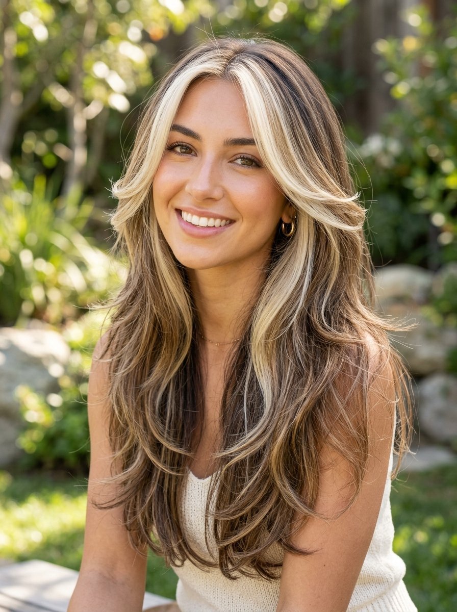 Smiling woman with brunette hair and bright blonde curtain bangs posing in a garden.