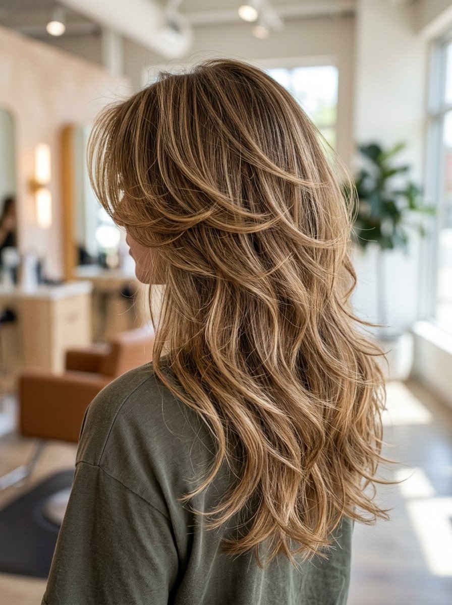 Back view of a woman with highlighted brown hair featuring voluminous face-framing layers and loose beachy waves.