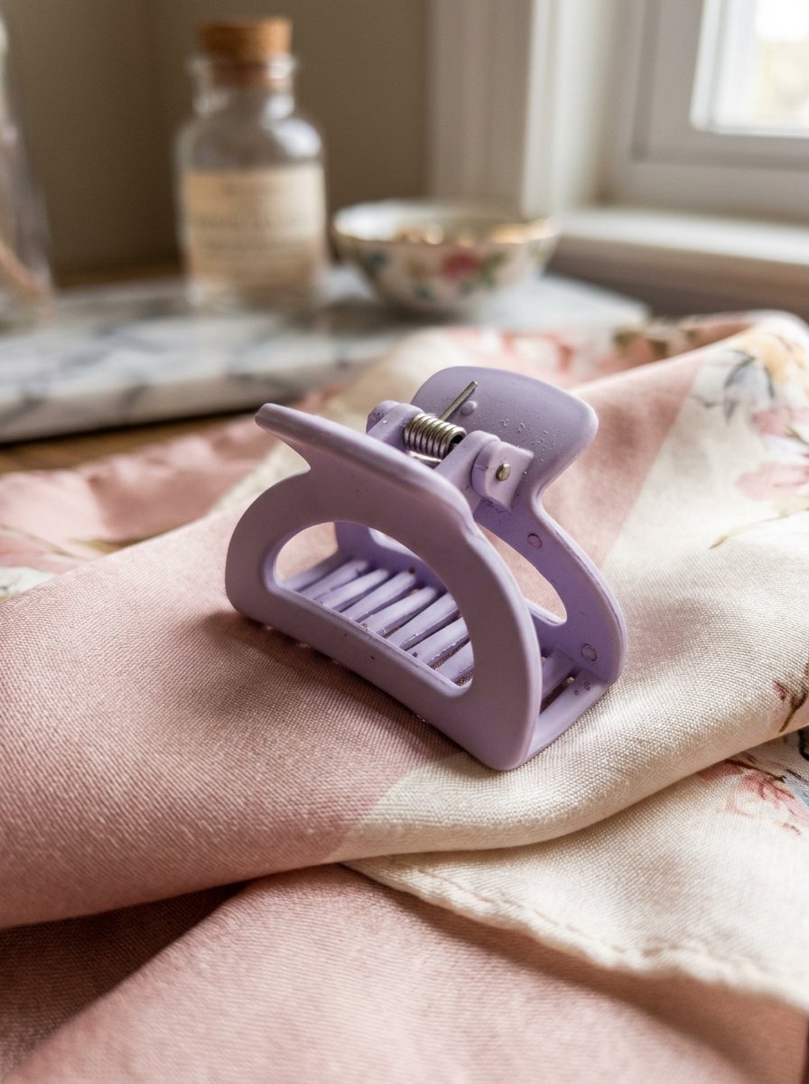 Close up of a lilac hair claw accessory placed on top of a pink and white floral patterned cloth.