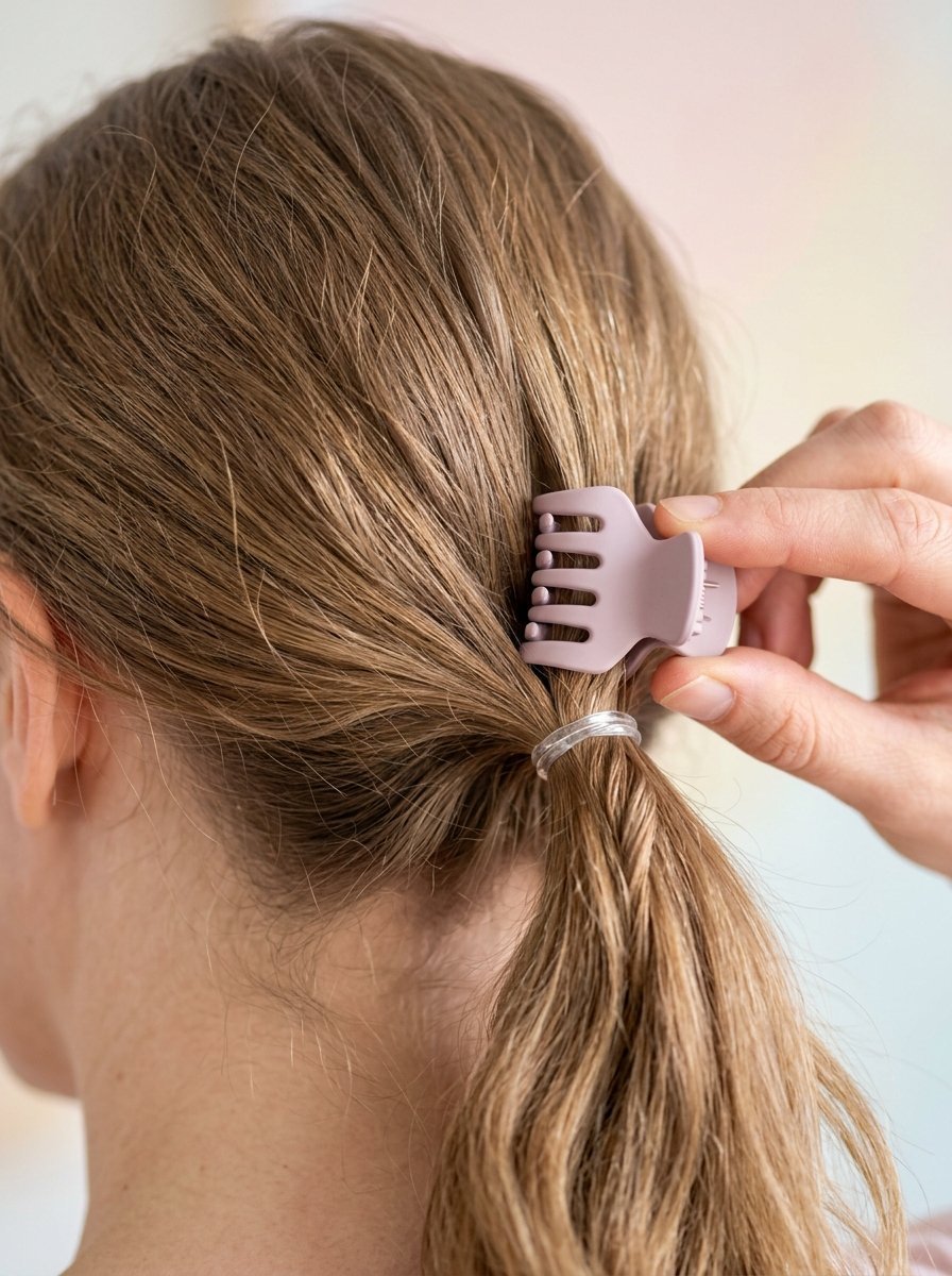 A person using a matte mauve claw clip to secure their light brown hair in a simple ponytail.