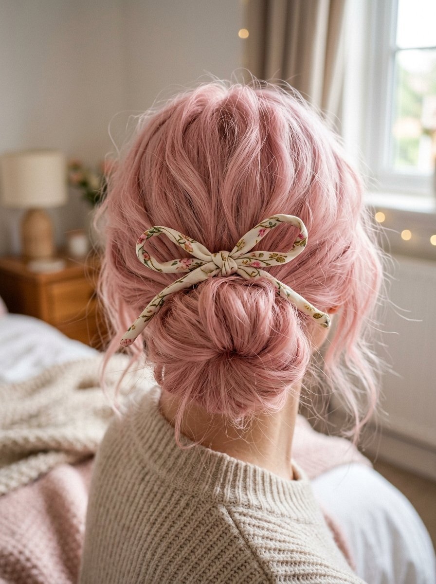 Close up of a person with wavy pastel pink hair tied in a messy bun with a cream colored floral ribbon bow.
