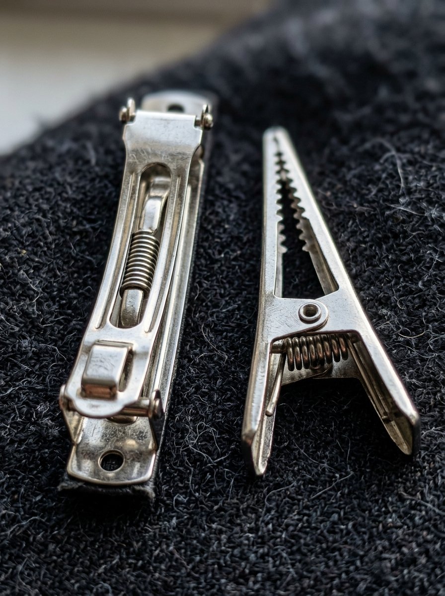 Close-up of a rectangular spring hair barrette and a triangular toothed metal clip on black fabric.