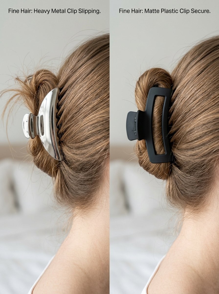 Split screen image showing a slipping metallic clip versus a secure matte rectangular hair claw in fine hair.