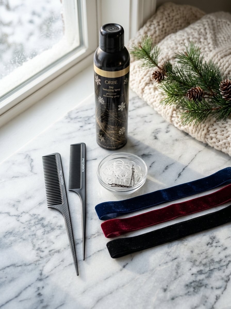 Oribe dry texturizing spray, two carbon combs, clear elastics in a dish, and three velvet headbands on a marble surface.