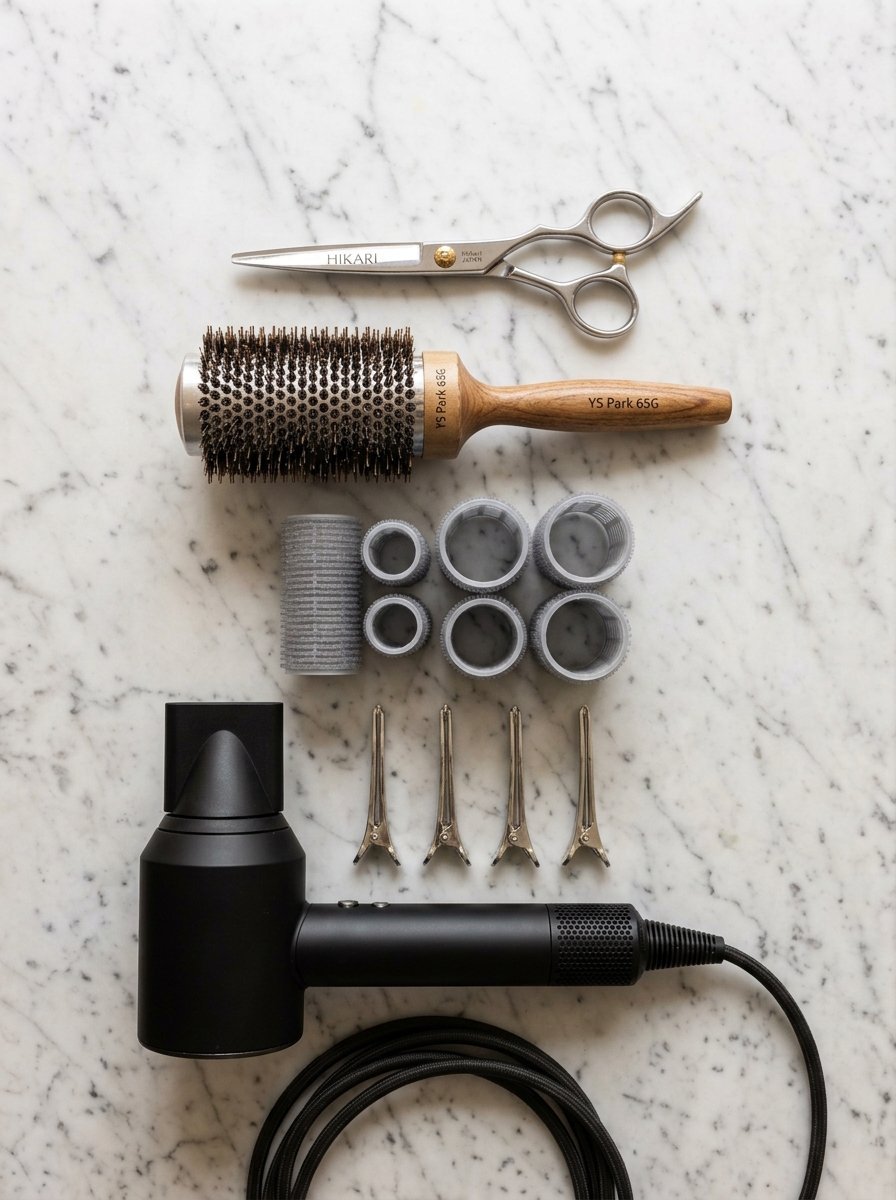Collection of hair shears, a round brush, plastic rollers, and a black hairdryer with metal clips.