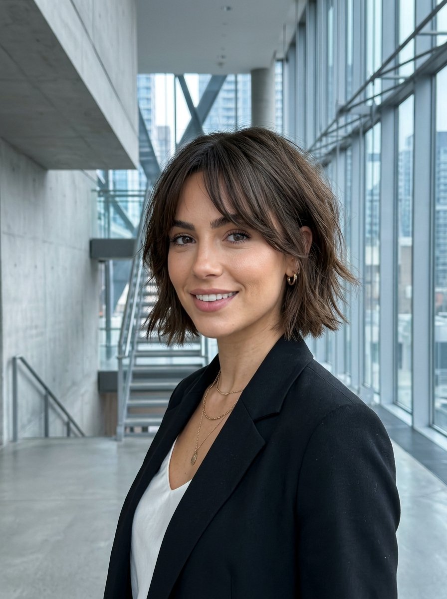 Portrait of a smiling woman with shoulder-length wavy hair wearing a black blazer and white top.
