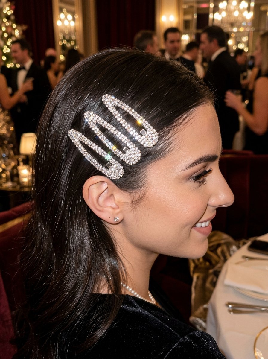 Close-up profile of a woman with three crystal-encrusted barrettes pinned in her dark hair at a gala dinner.
