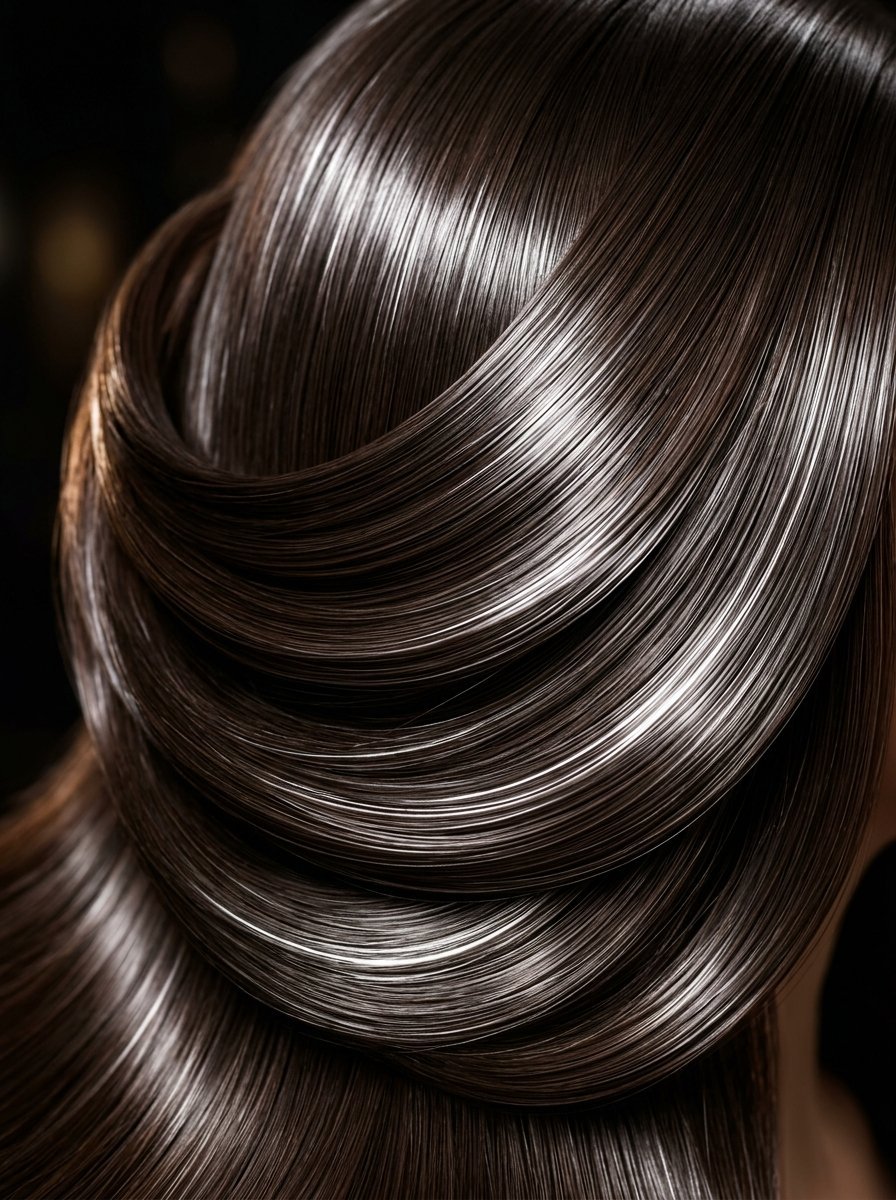Close up of sleek dark hair styled in smooth, glossy curves with bright reflections.