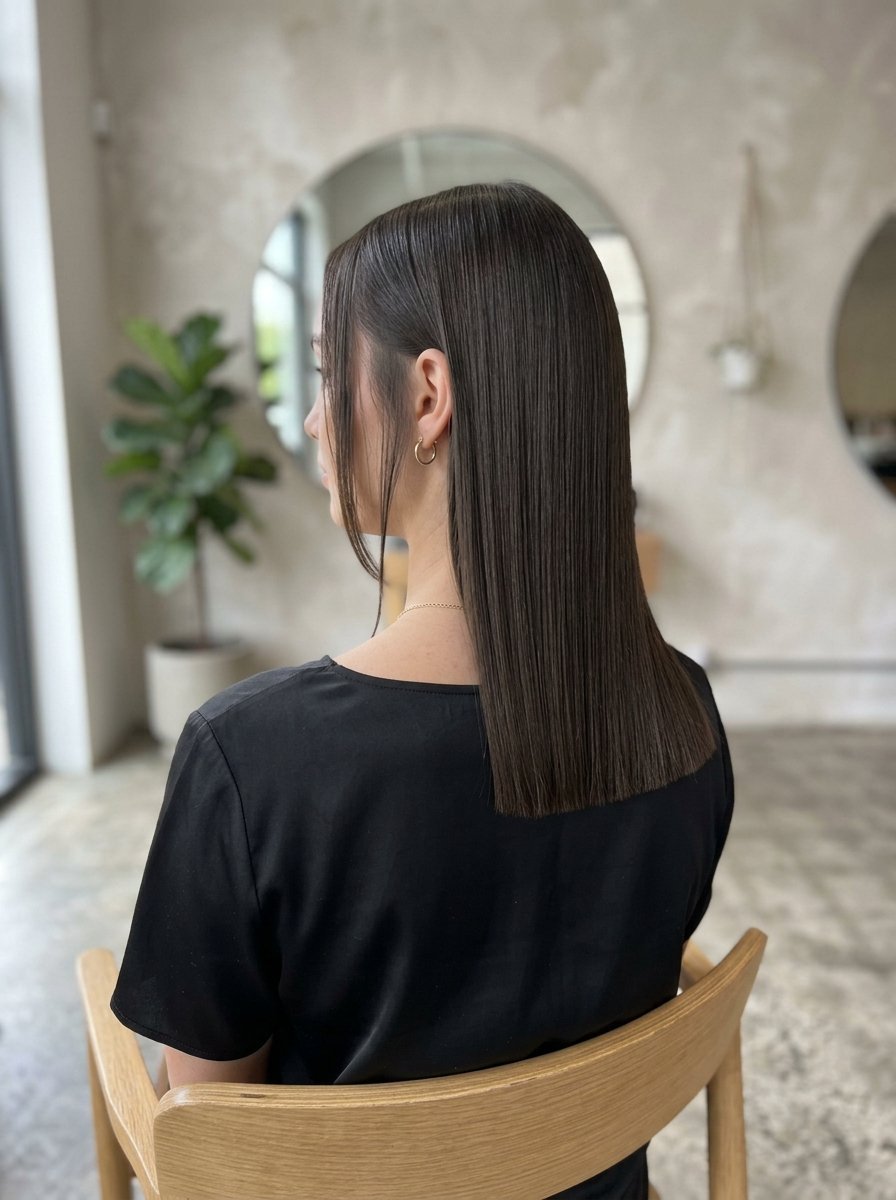 Back view of a woman with long, dark, straight hair with a precise blunt cut in a modern salon.