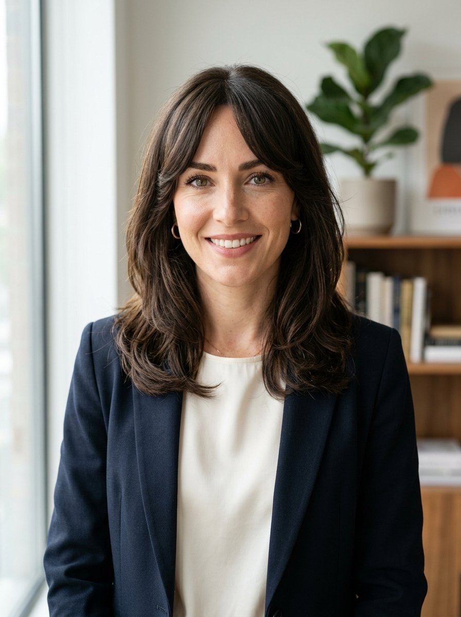 Portrait of a smiling woman with brown hair wearing a white top and navy blue jacket in a modern office.