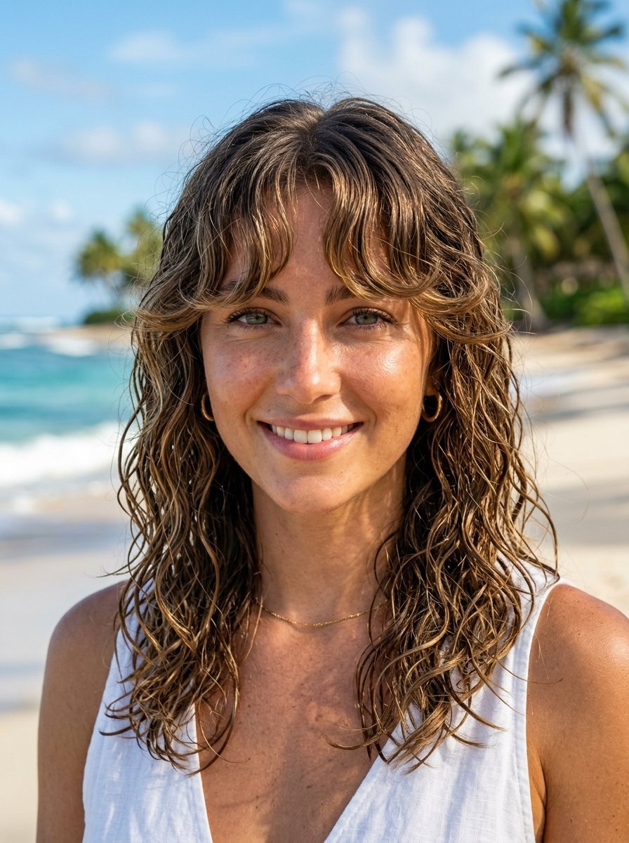 Portrait of a woman with curly hair and a white tank top standing on a sandy beach with palm trees.