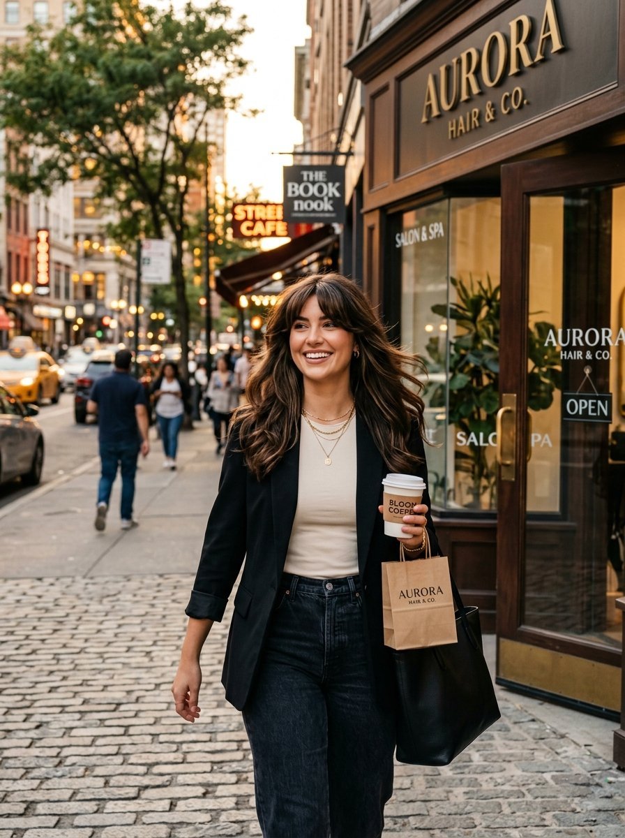 Woman in a blazer and jeans walking on a cobblestone street holding a coffee cup and paper shopping bag.