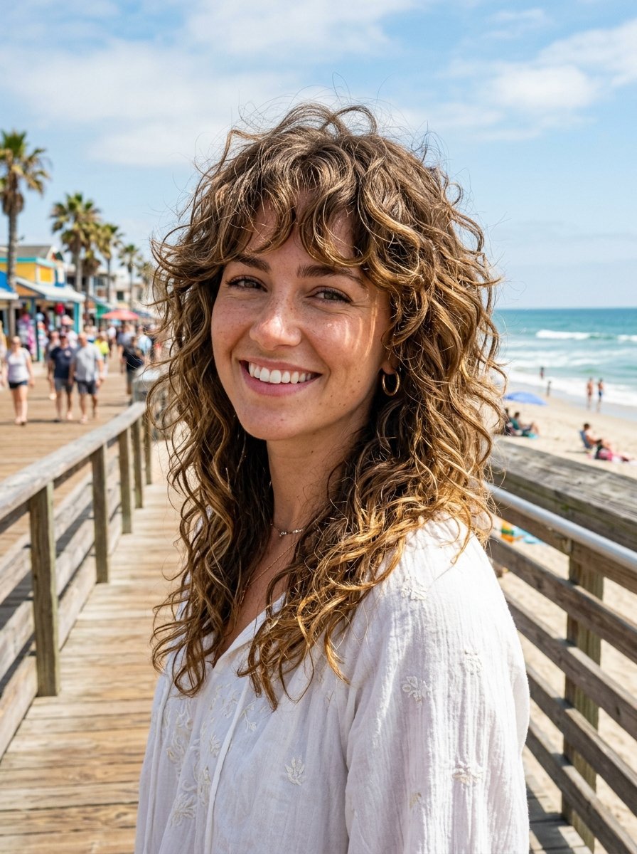 Portrait of a smiling young woman with messy curly hair standing on a wooden beach pier under a bright blue sky.