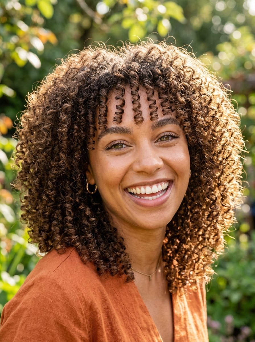 Portrait of a smiling woman with voluminous curly hair and bangs wearing an orange top in outdoor lighting.