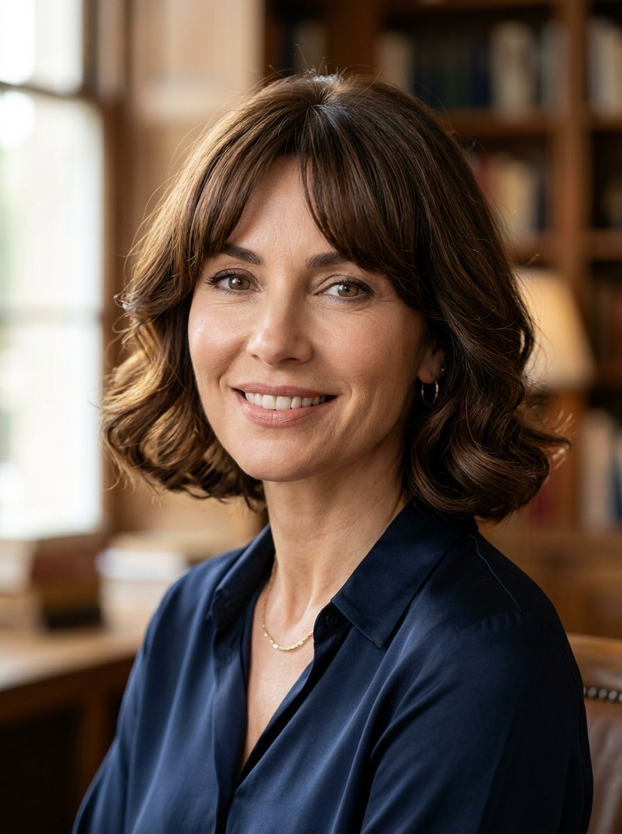 Close up portrait of a woman in a navy blouse sitting in a library setting with blurred bookshelves behind her.