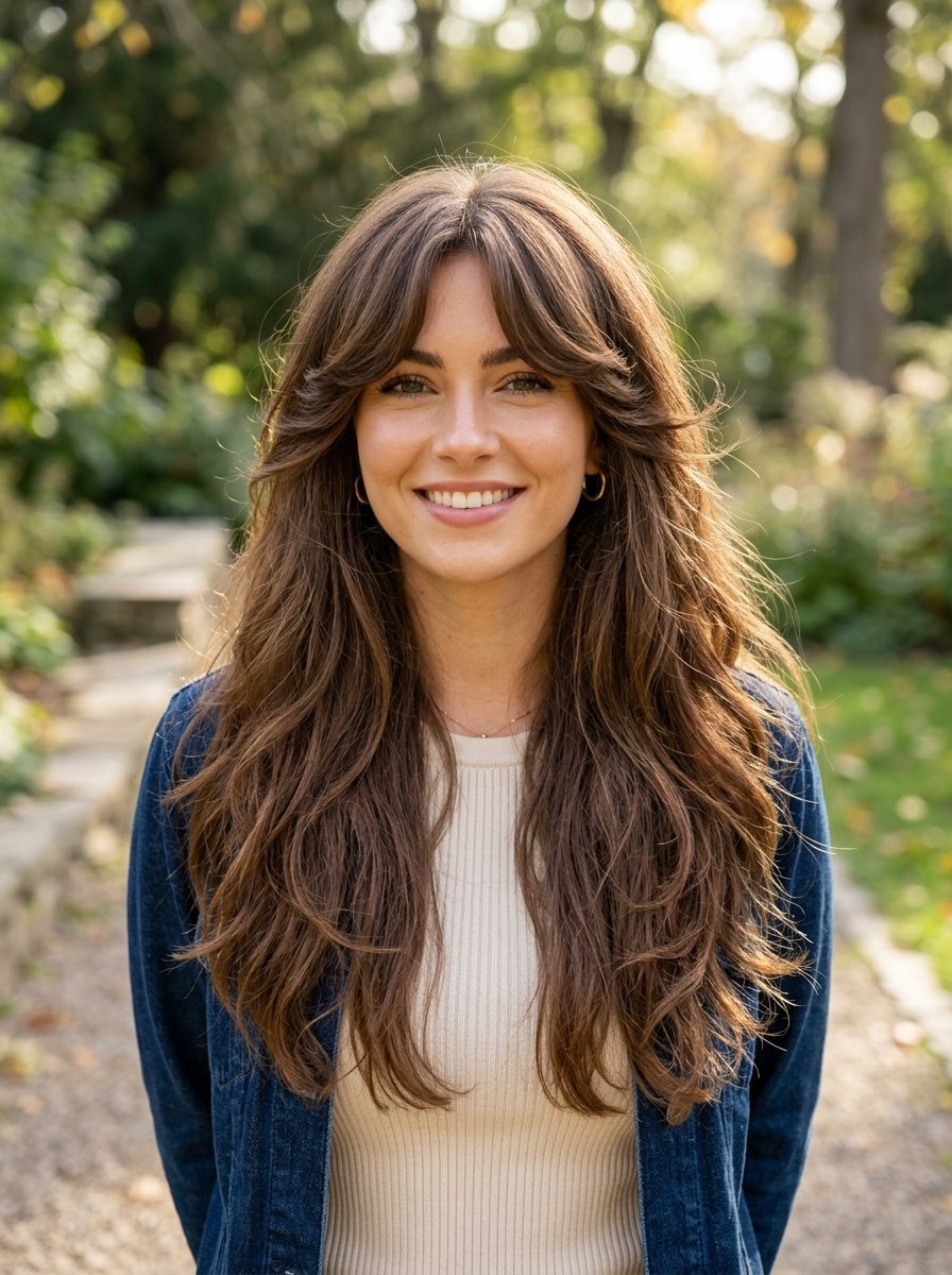 Portrait of a woman with chestnut brown hair and curtain bangs standing in a garden setting.