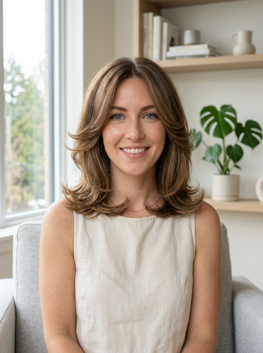Portrait of a smiling woman with shoulder-length layered brown hair sitting in a light-filled living room.