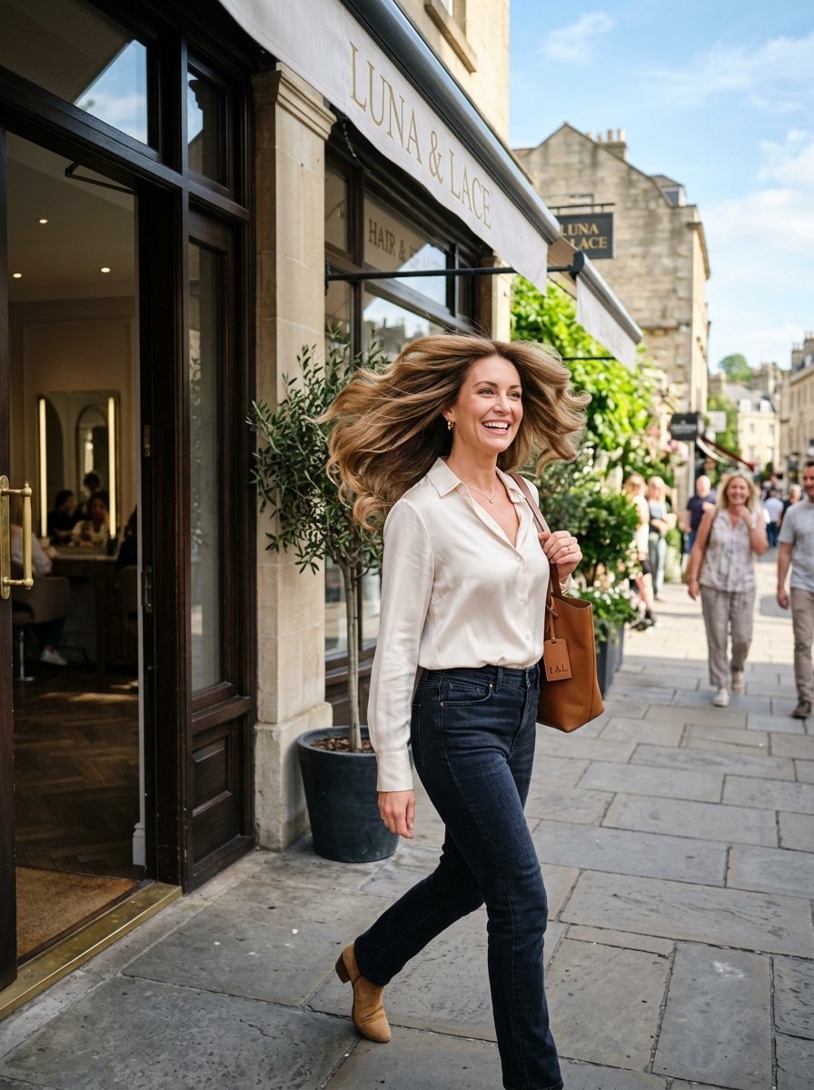Blonde woman with windblown hair walks on a stone sidewalk in front of a hair salon.