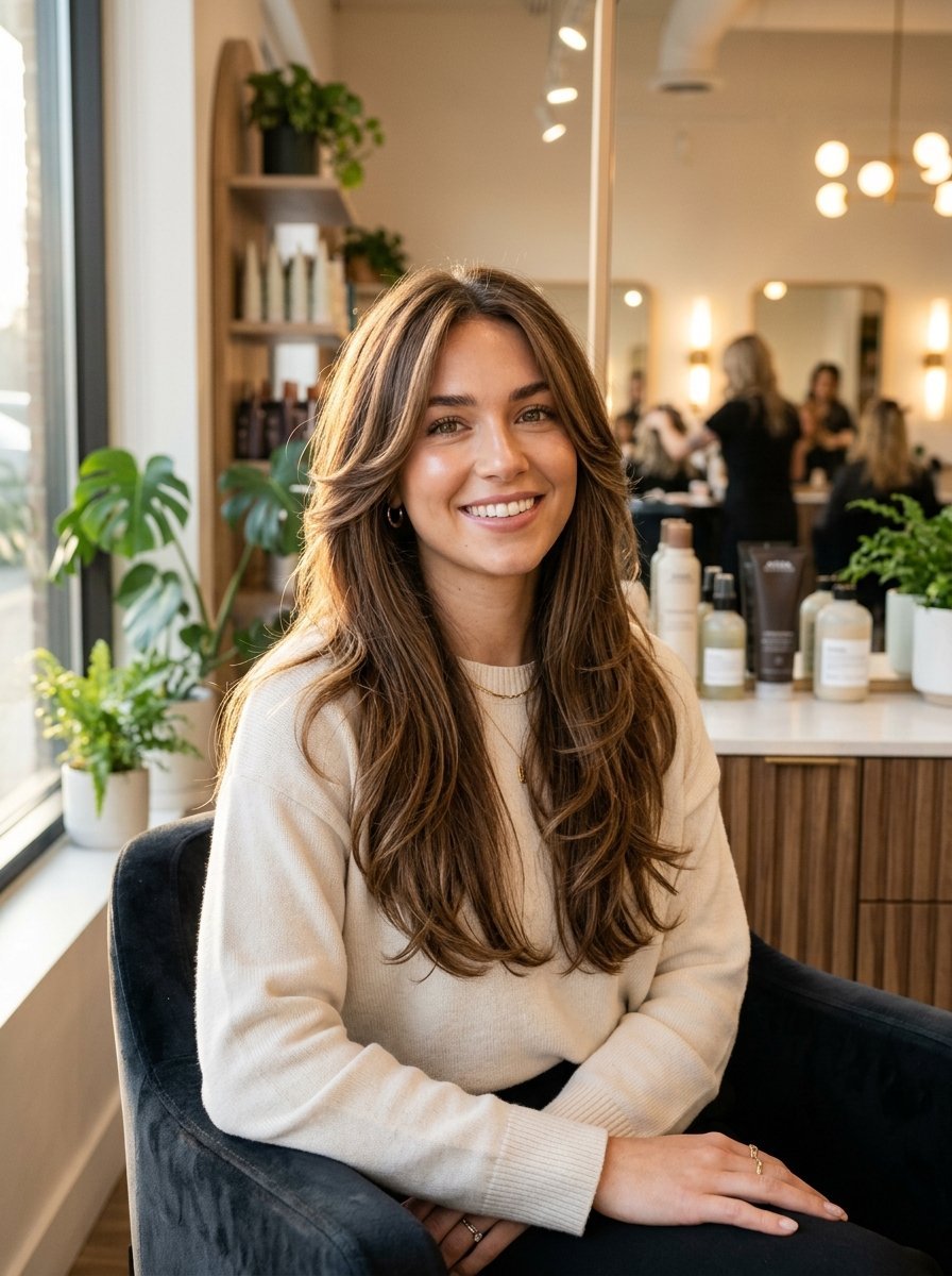 A brunette woman with layered hair smiles while sitting in a velvet chair inside a bright, professional salon.