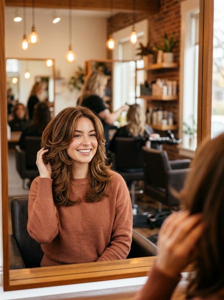 A brunette woman in a rust-colored sweater looking at her layered haircut in a hair salon mirror.