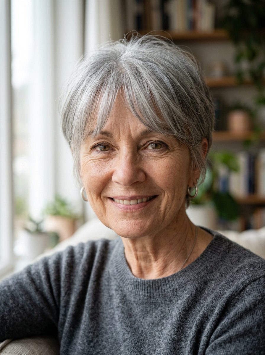 Close up headshot of a mature woman with a warm smile and cropped grey hair wearing a grey sweater.
