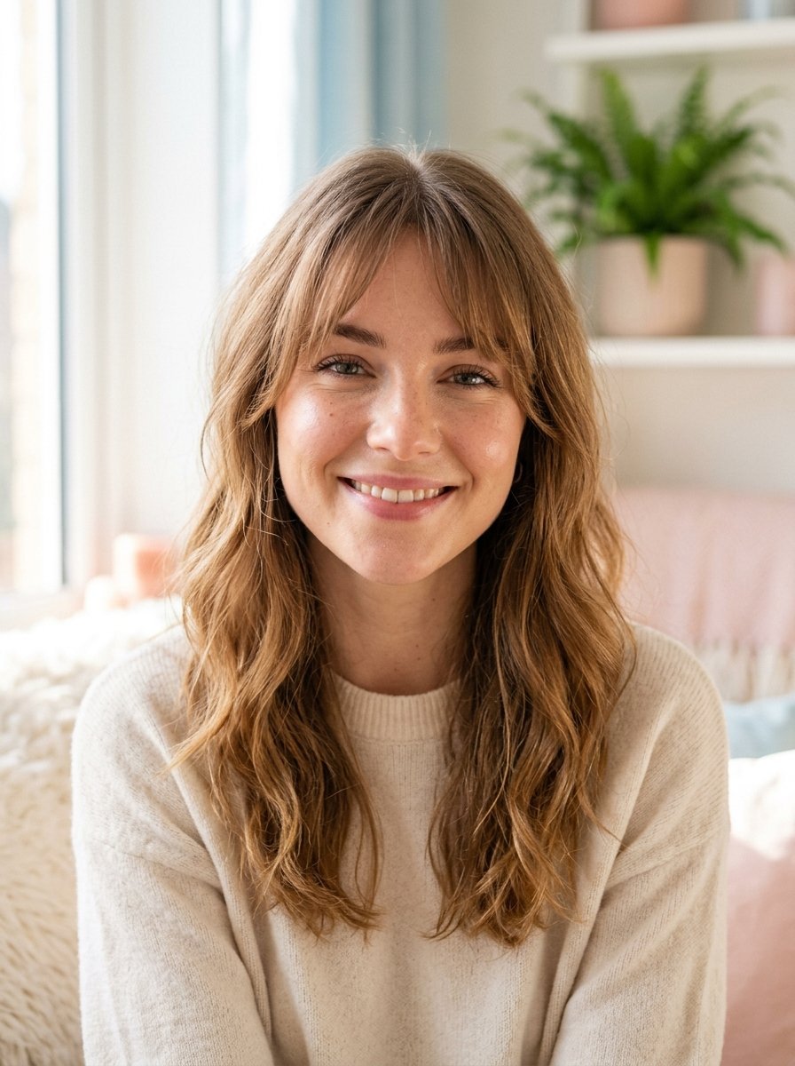 Portrait of a smiling woman with curtain bangs and long wavy hair wearing a cream colored sweater.