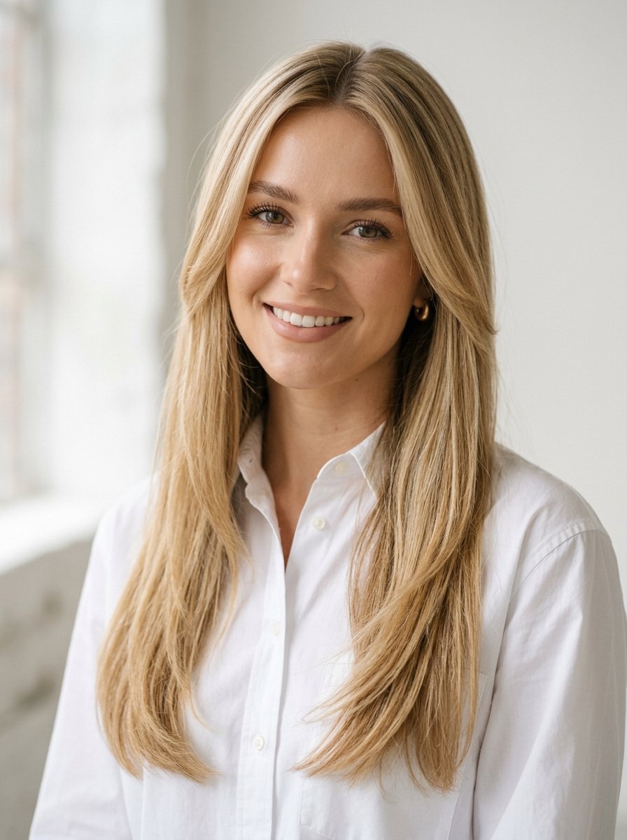 Young woman with blonde hair and a white button-down shirt smiling toward the camera in a bright studio setting.