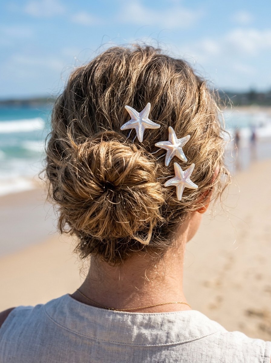 Back view of a woman with a messy bun styled with three white iridescent starfish hair accessories at the beach.