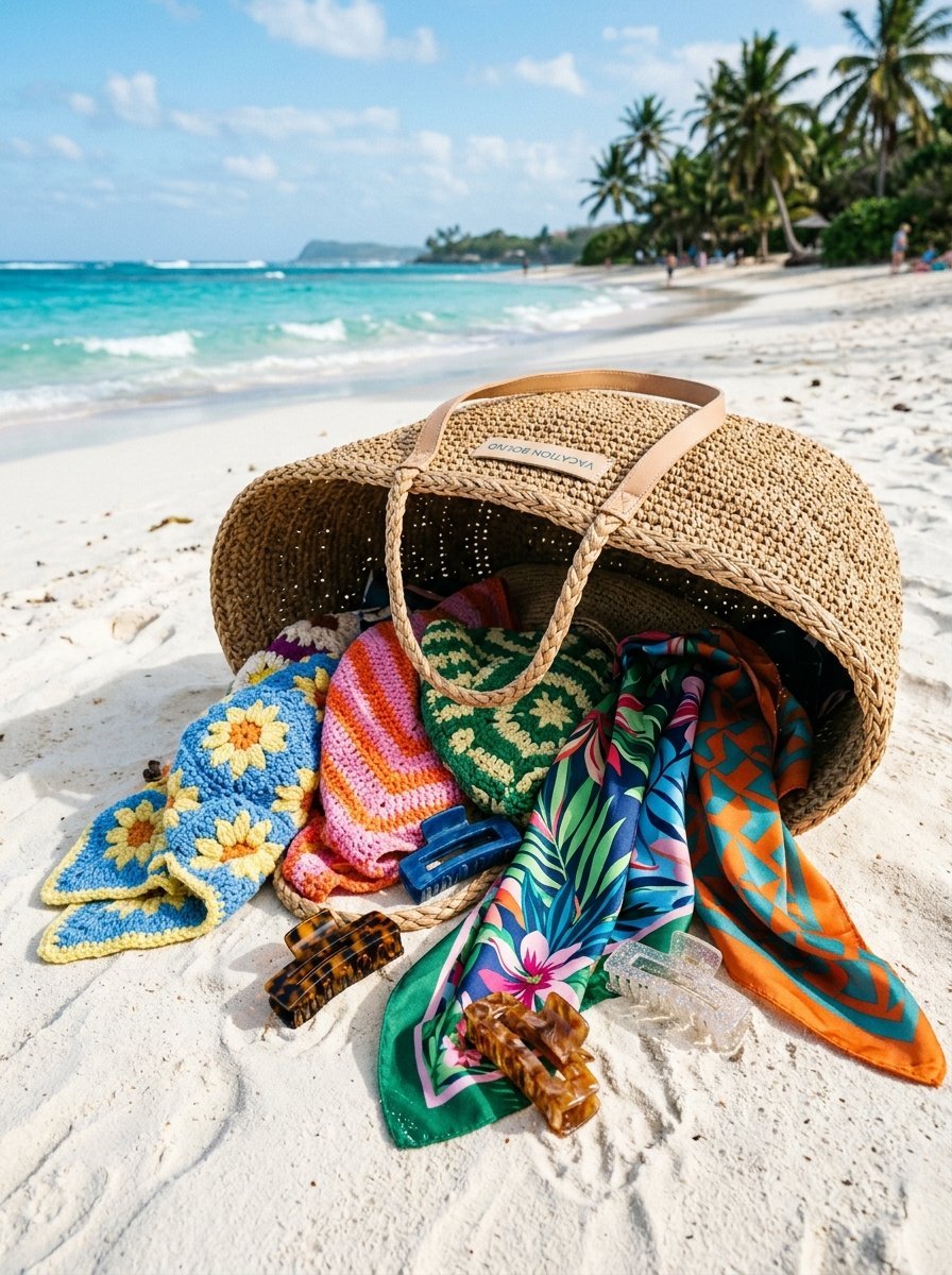 Straw bag on white sand beach filled with crochet blankets, silk scarves, and plastic hair clips.