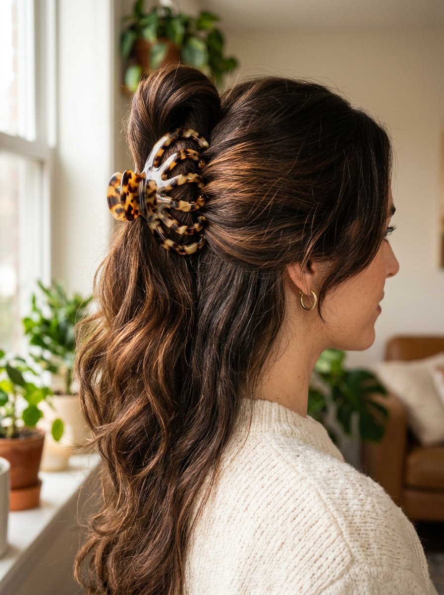 Side profile of a woman with brunette hair styled in a half-updo secured with a speckled brown claw clip.