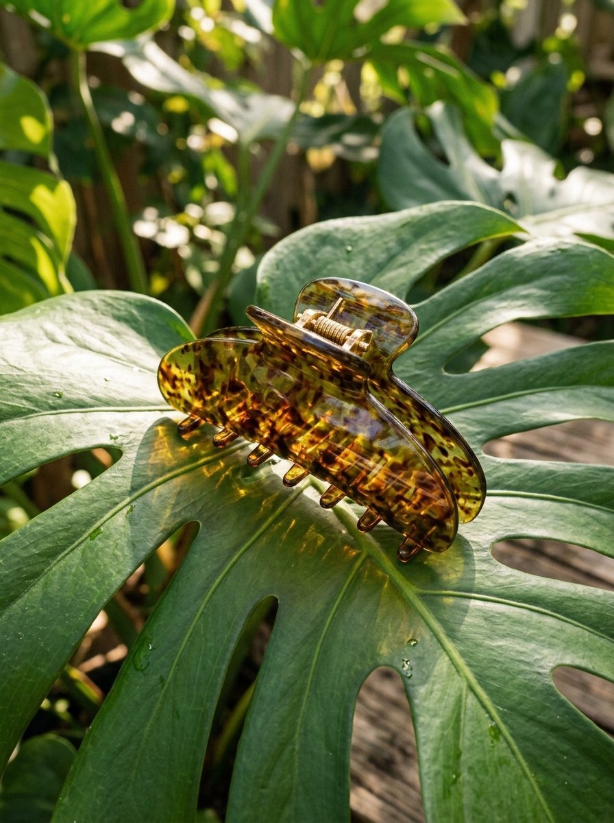 Close up of a brown speckled pattern hair clip placed on a large green tropical monstera leaf in sunlight.