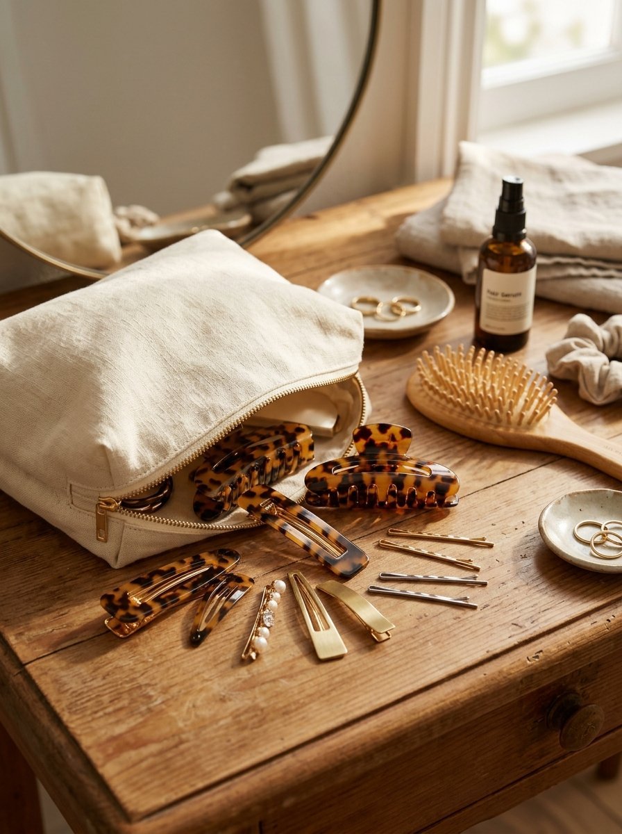 Collection of tortoiseshell and gold hair clips, hairbrush, and spray bottle arranged near a canvas makeup bag.