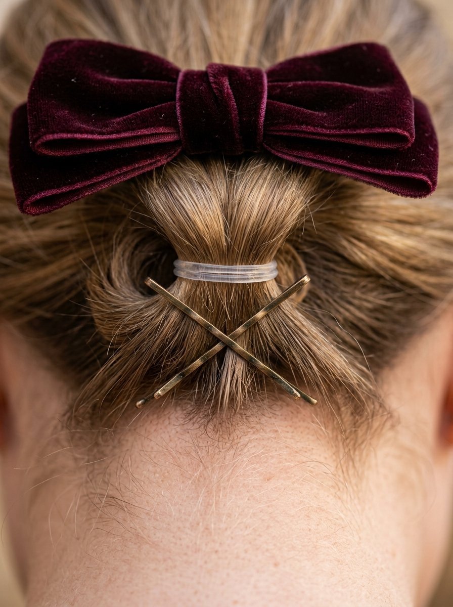 Close up of a hairstyle featuring a dark red velvet bow clip and crossed gold bobby pins on light hair.