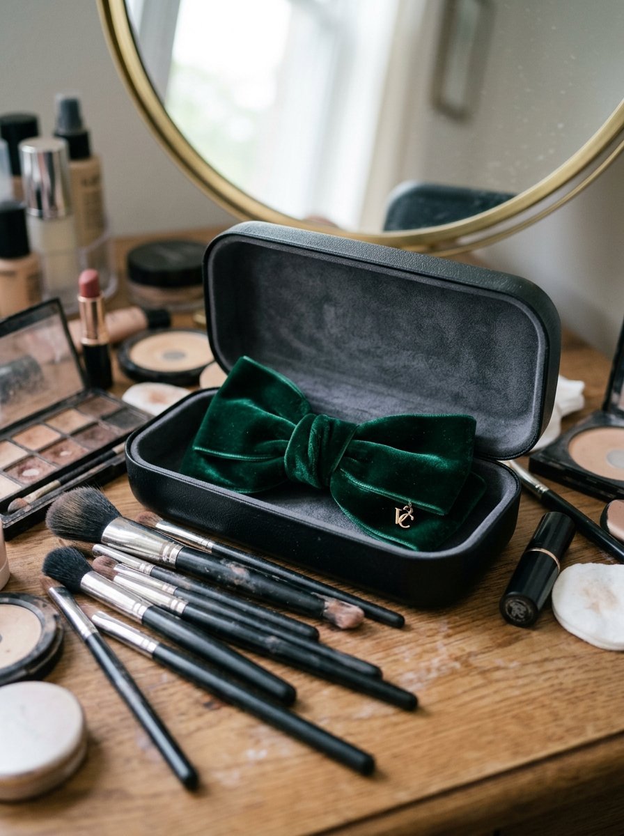 A lush green velvet bow with a gold charm inside an open black box surrounded by makeup brushes and cosmetics.