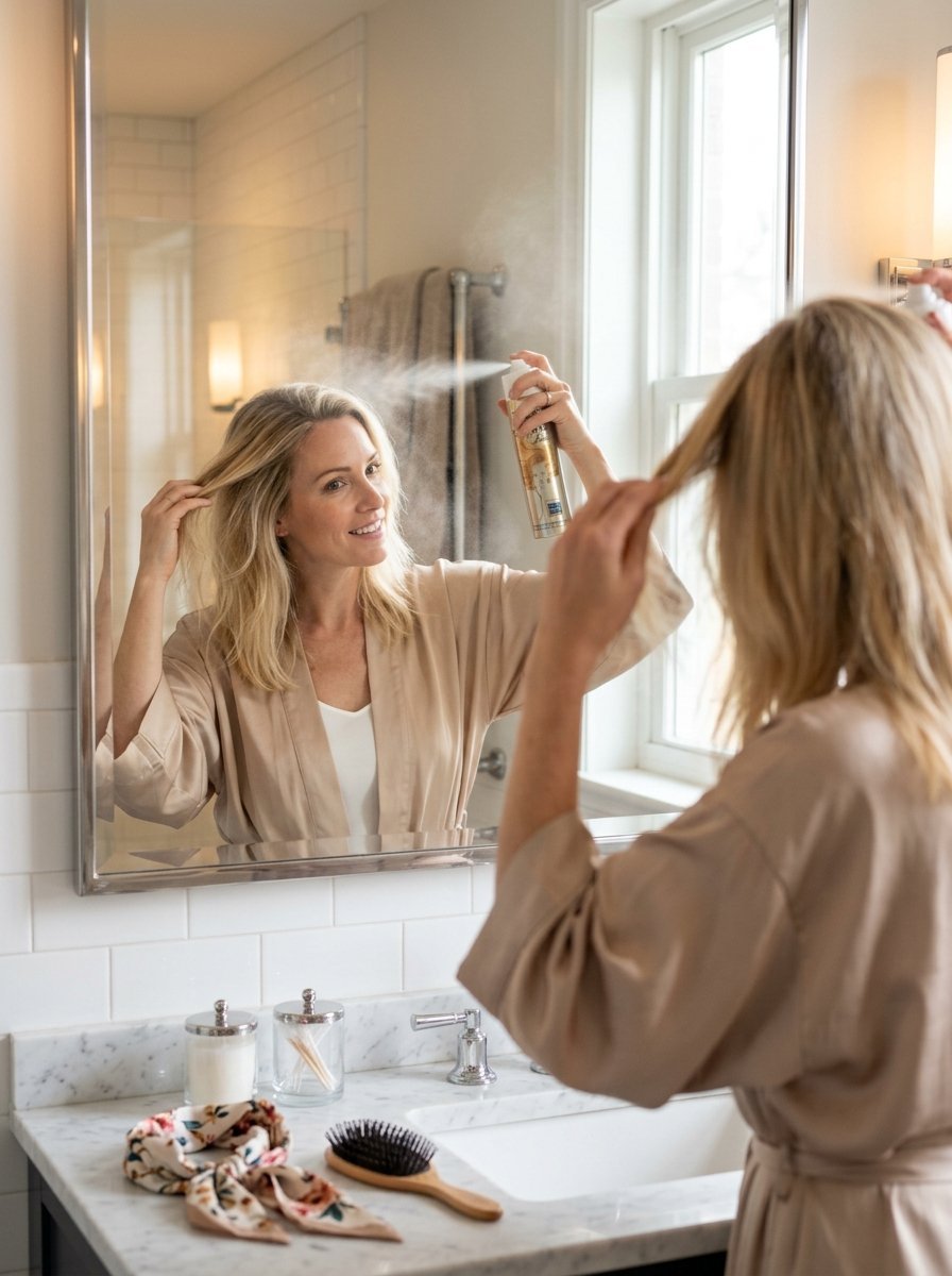 A woman in a beige robe uses hair spray while looking at her reflection in a marble bathroom vanity mirror.