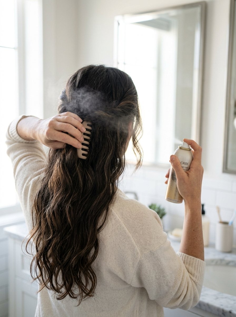A woman spraying hairspray onto her brunette waves held back by a beige claw clip in a bright bathroom mirror.