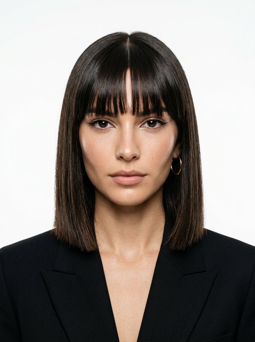 Portrait of a woman with dark shoulder-length hair and fringe, wearing a professional black blazer against white.
