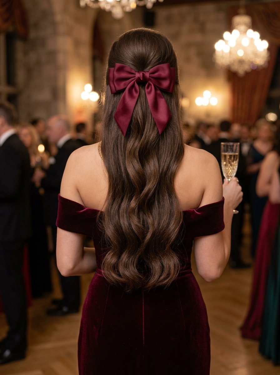 Back view of a woman with long wavy brown hair tied with a large dark red bow at a formal evening event.