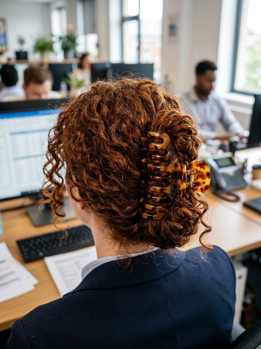 Close up view of the back of a woman with red curly hair held up by a brown tortoise pattern hair claw in an office.