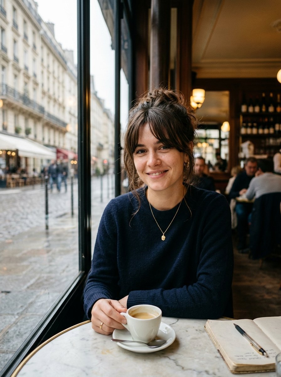Smiling brunette sitting at a round marble table with a white cup of coffee and a notebook in a classic French cafe.