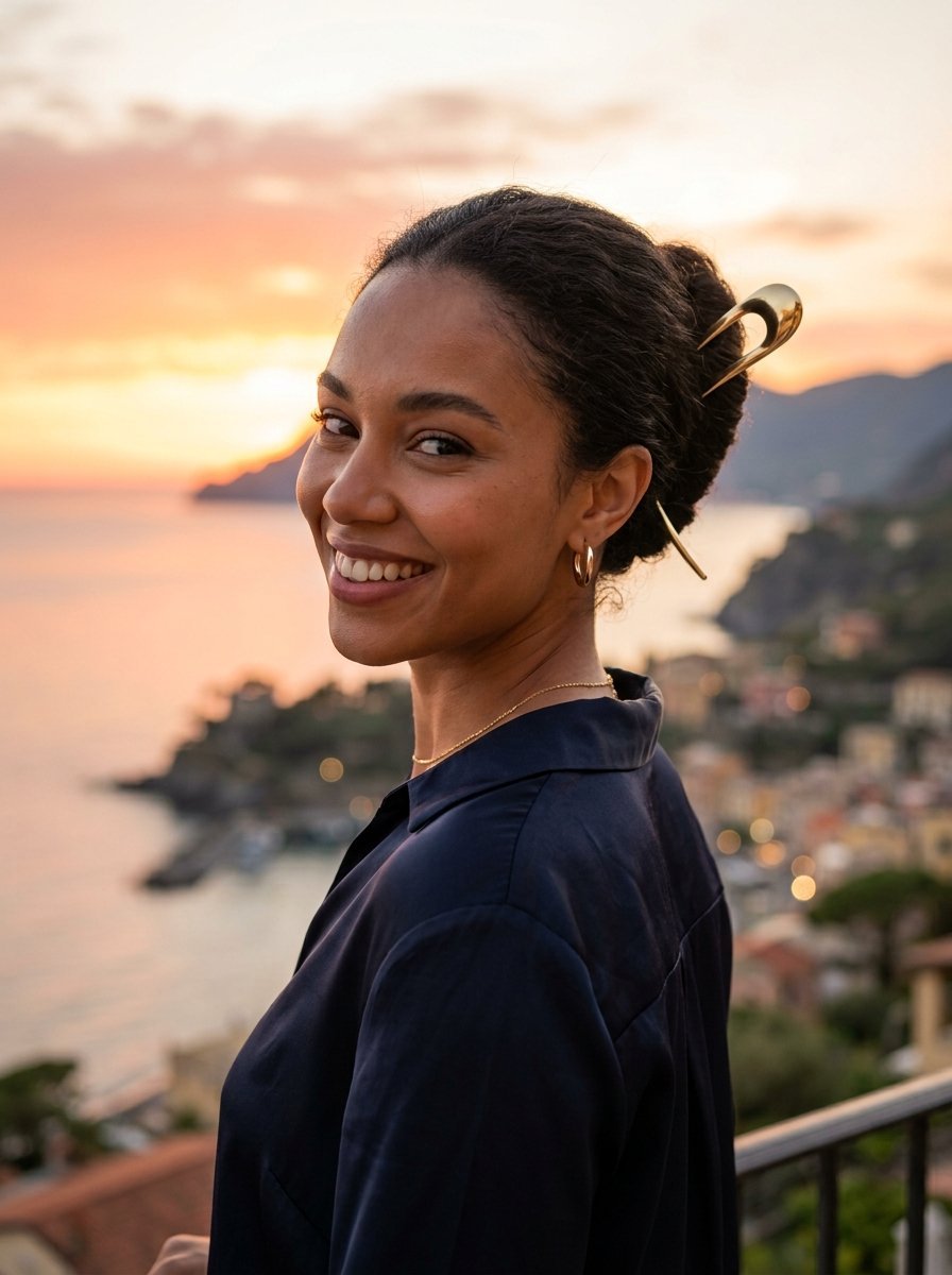 Portrait of a happy woman with a metallic hair fork against a coastal Italian village backdrop at dusk.