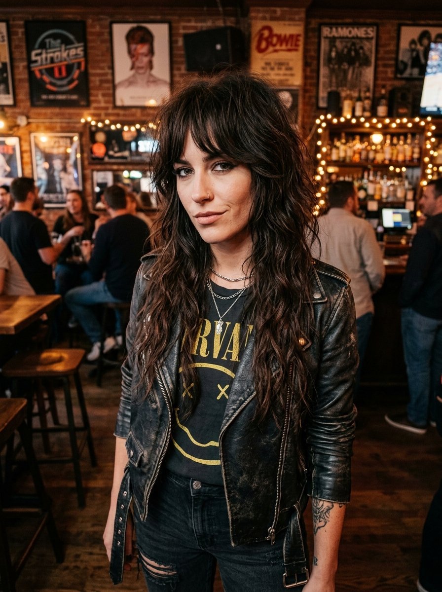 A person with wavy brunette hair and a leather jacket posing inside a rustic bar with framed music posters.