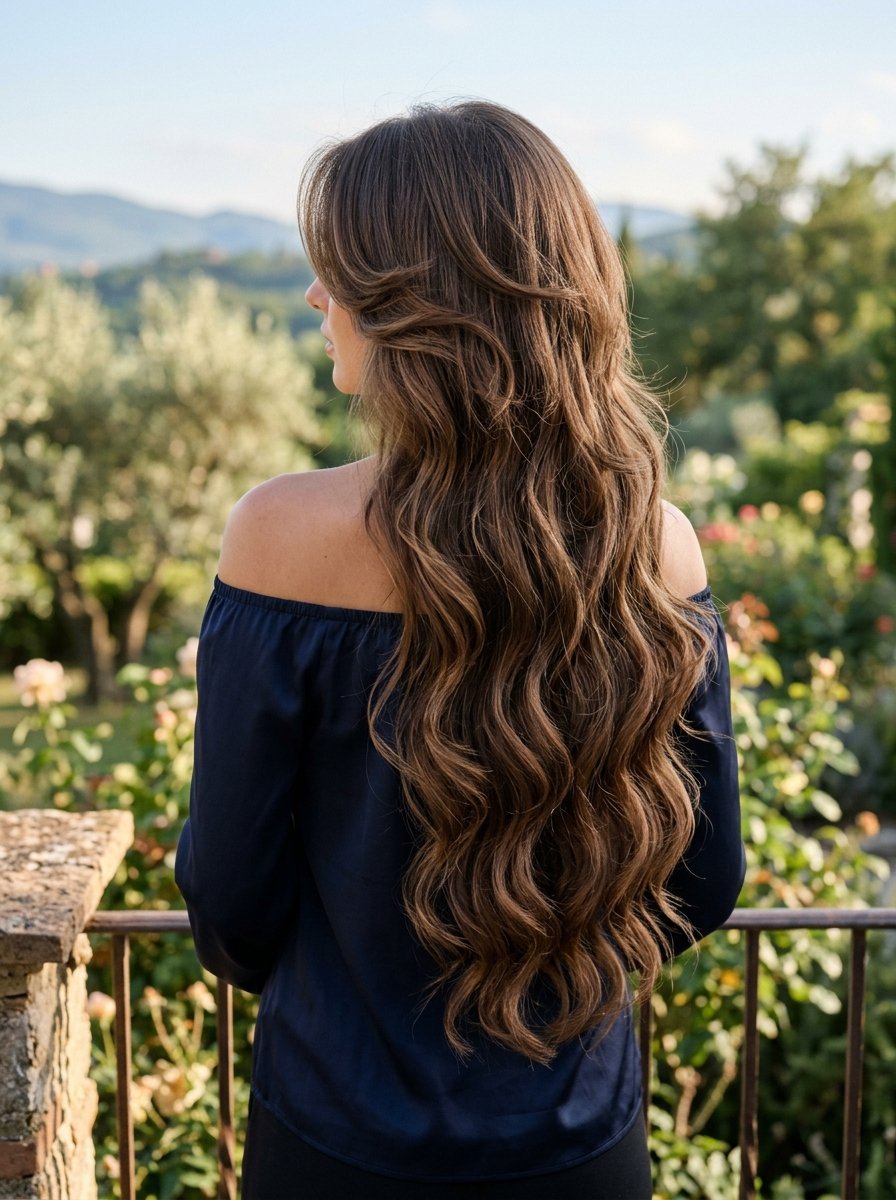 Back view of a woman with voluminous chestnut waves wearing a navy off-the-shoulder top outdoors.